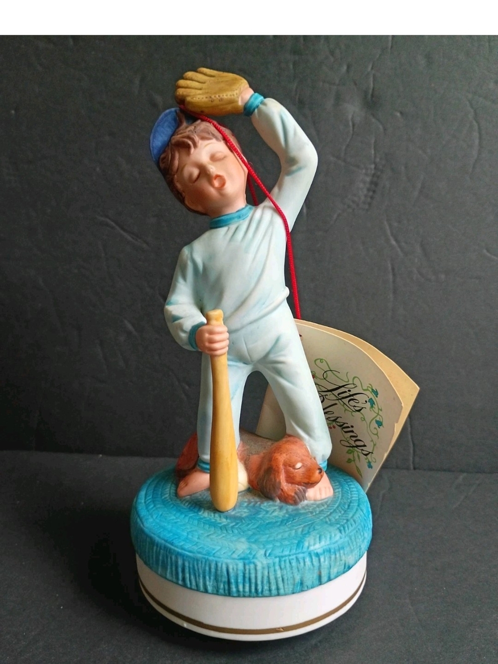Joan Berg Victor Aldon Baseball Sleepy Boy Porcelain Figure w/ Dog Music Box